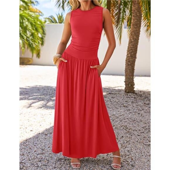 Women's Summer Sleeveless Maxi Dress 2025 Casual Crewneck Pleated Flowy - Picture 3 of 6
